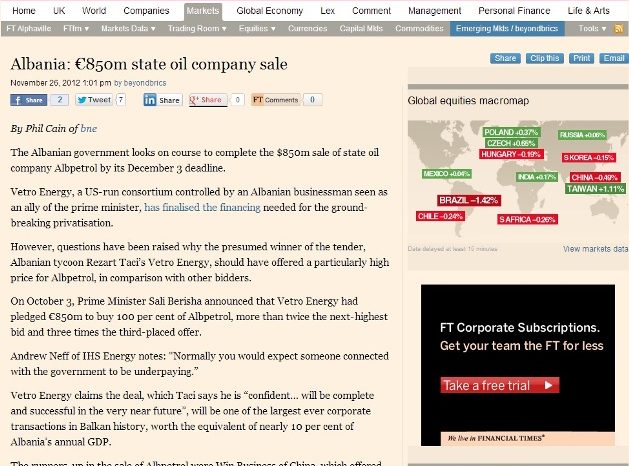 Financial Times, hije te forta dyshimi per Shqiperine,Tacin dhe Berishen