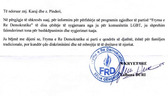 FRD i pergjigjet LGBT: Jemi per familje tradicionale, por jemi kunder cdo diskriminimi