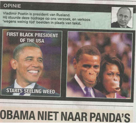 Barack dhe Michele Obama si karikatura majmunesh ne gazeten belge/ Strumbullari “Putin”